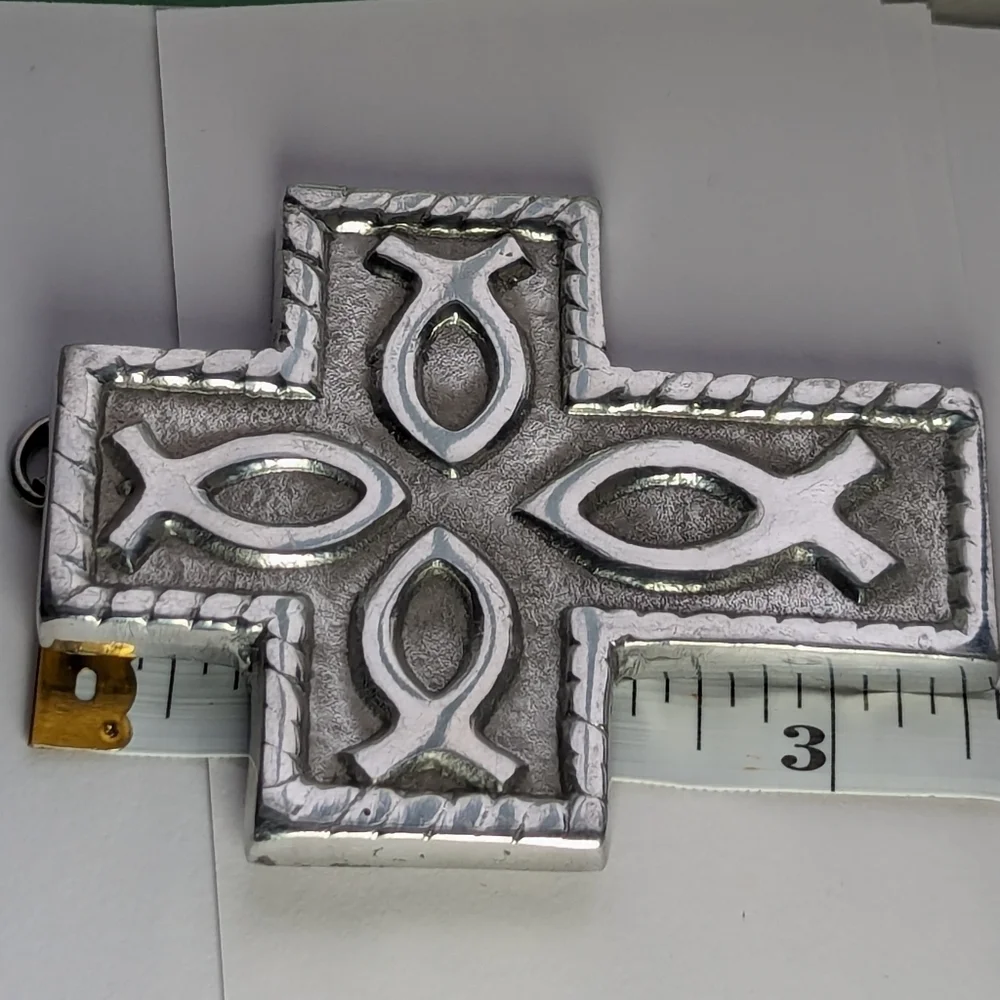 Mexican Cross silver tone fish symbols 3.5